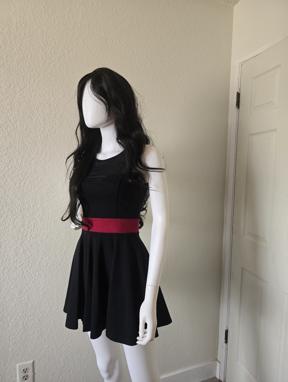 Black Fit-and-Flare Dress with Red Waistband